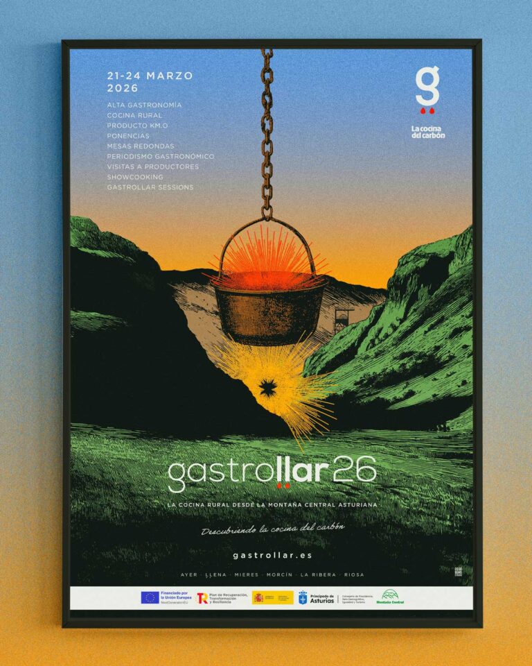 Cartel del evento "gastrollar 26" del 21 al 24 de marzo de 2023, con ilustración de paisaje y una olla colgante