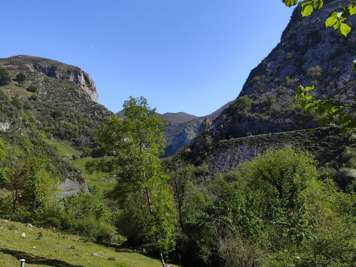 Vista de un valle rodeado de montañas y vegetación verde bajo un cielo despejado