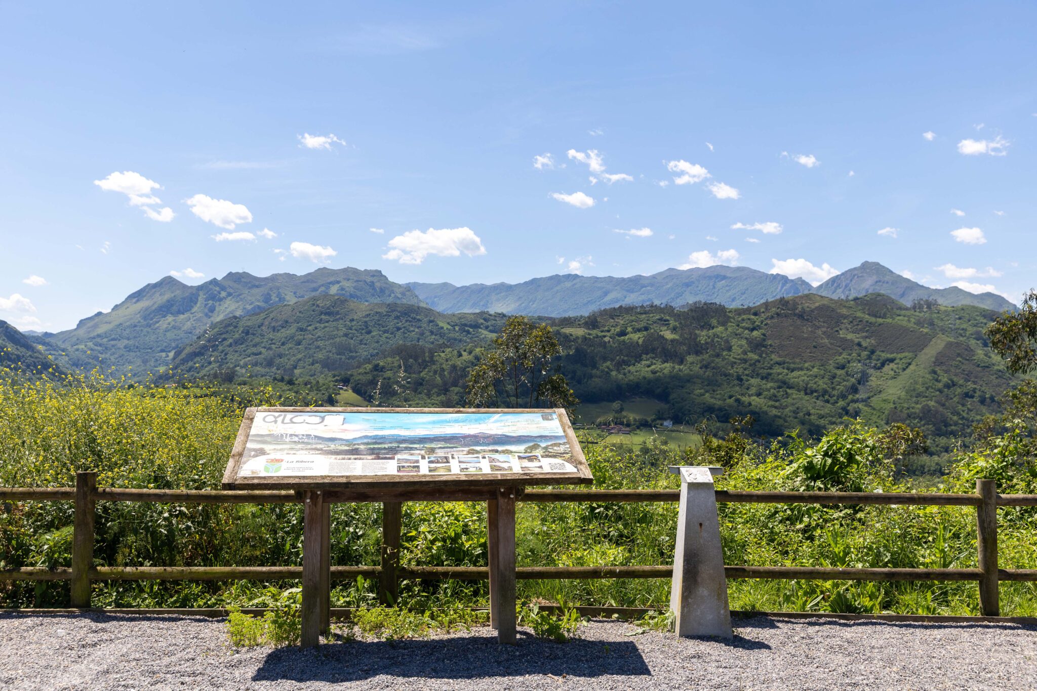 Panel informativo en un mirador con montañas y cielo despejado de fondo
